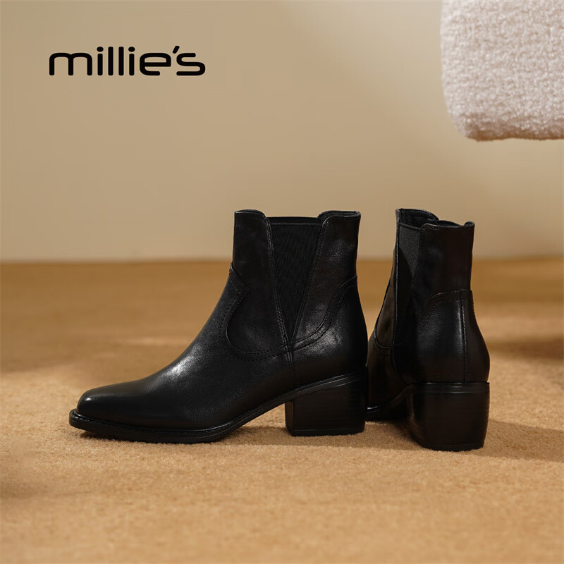 妙丽短靴女粗跟时尚轻便潮流烟筒靴2025冬季新款百搭通勤时装靴 黑色 39 (245mm) 标准码