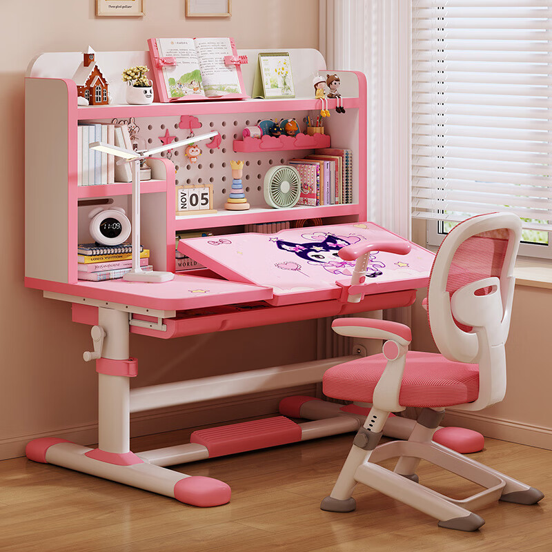 森优匠儿童学习桌书桌椅套装6-18岁专用可升降带书架一体小学生写字课桌 匠心粉兔兔多区收纳书架+分区调节桌板+三角永定椅