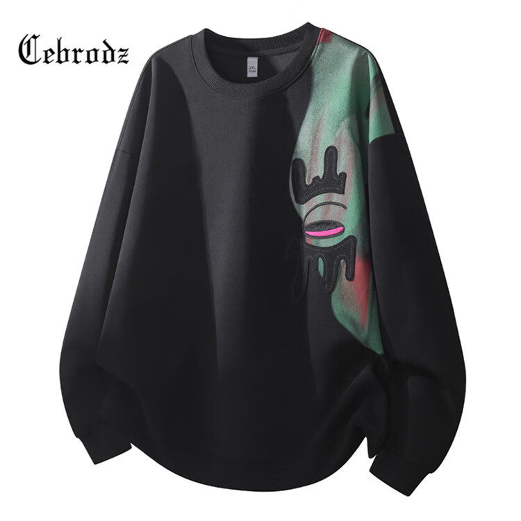 Cebrodz法国 卫衣男秋季新款时尚潮牌长袖圆领印花套头外套宽松休闲衣服 黑色 M