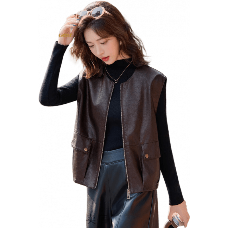 鹿王戀雪短款PU皮馬甲女2025年秋季新款休閑時(shí)髦洋氣寬松坎肩背心外穿上衣 安可拉紅 M 160/84A