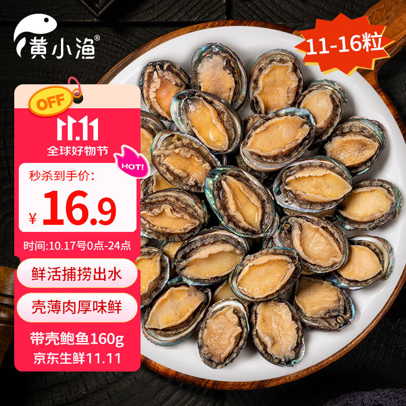 黄小渔冷冻鲍鱼净重160g(11-16粒)袋装 带壳火锅食材 烧烤 贝类海鲜