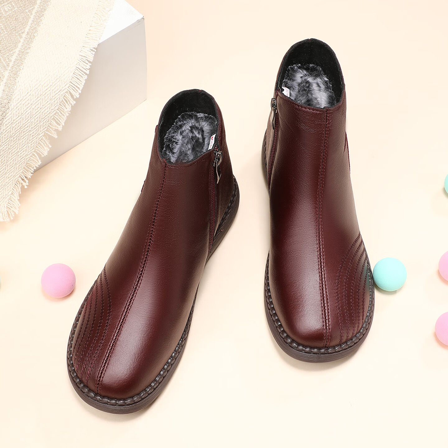 泰和源老北京布鞋短靴女防滑冬季防滑牛筋底加绒加厚保暖高帮妈妈鞋棉鞋 红色 40