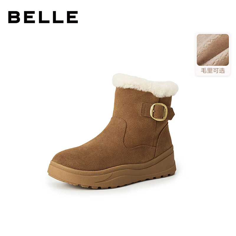 百丽（Belle）厚底增高雪地靴女冬季新款商场同款加毛保暖短靴E6W1DDD5 棕色 39