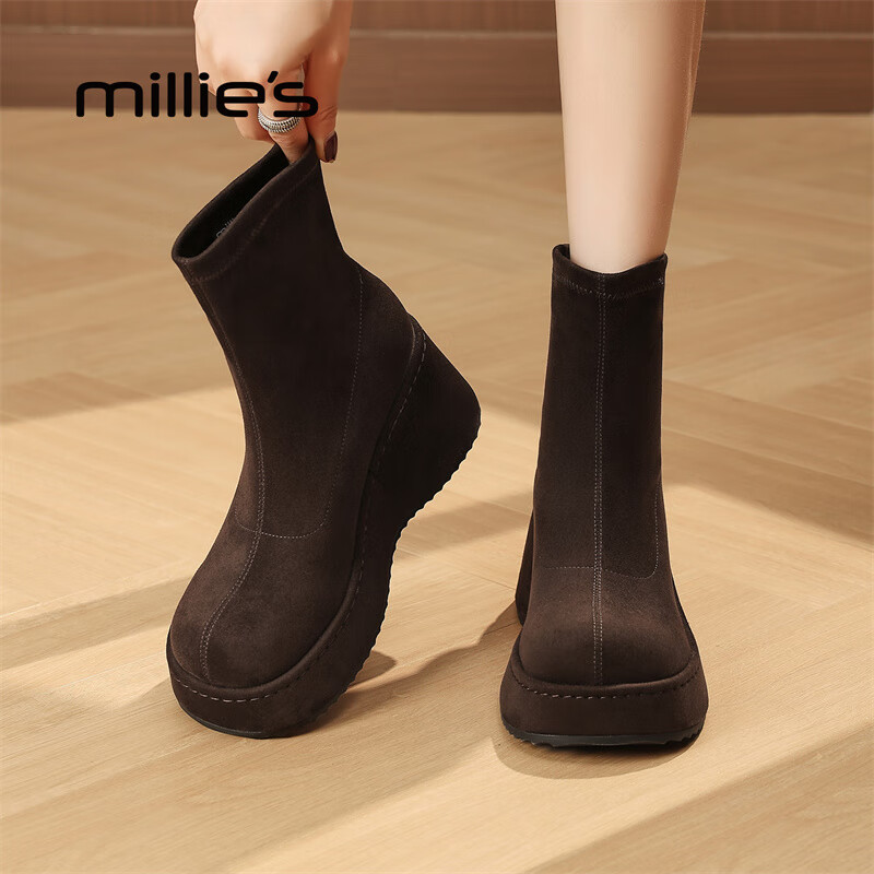 妙丽短靴女厚底轻便圆头休闲潮流短筒弹力2025冬季新款百搭气质时装靴 红咖色 36 (230mm) 标准码