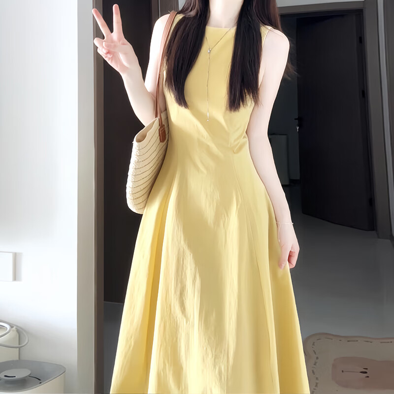 GARNUO黄色无袖背心连衣裙子女夏季2026新款法式气质高级感收腰显瘦长裙 黄色【无袖长款】 M 【101-110斤】