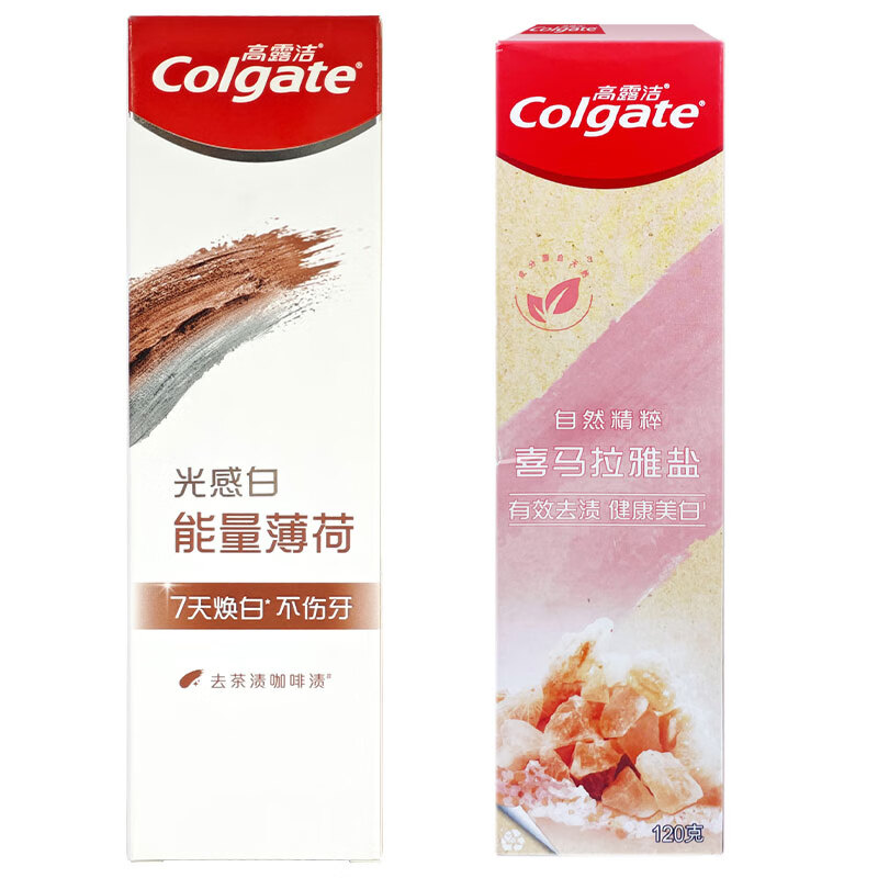 高露洁OPTICWHITE光感白牙膏护龈健齿美亮白闪钻清新口气清洁牙周护理 玫瑰盐115g+火山泥120g
