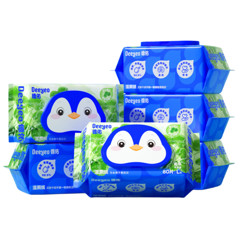 德佑积雪草湿厕纸80抽*6包洁厕湿纸巾厕纸弱酸草本呵护擦屁屁柔厚升级