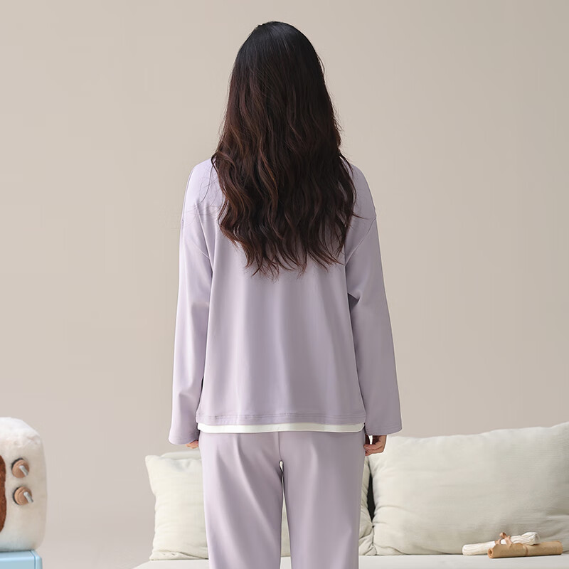 芬腾睡衣女【100%纯棉】2025秋冬新款长袖睡衣女士休闲松弛家居服套装 紫色 L