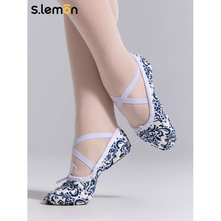 s.lemon舞蹈鞋成人女軟底練功中國民族舞教師鞋形體鞋跳舞芭蕾舞鞋 青花白 35
