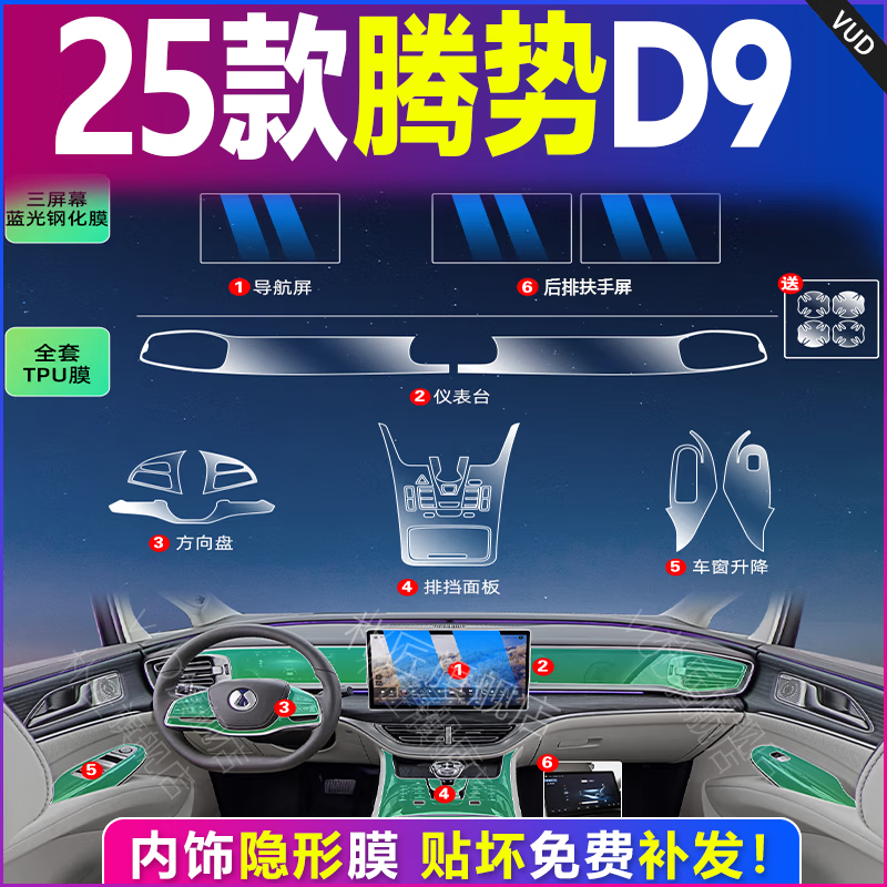 VUD25款腾势d9专用内饰膜中控膜贴膜内饰保护膜屏幕钢化膜汽车用品新 (全套TPU+导航扶手屏蓝光钢化膜) 24-25款腾势D9