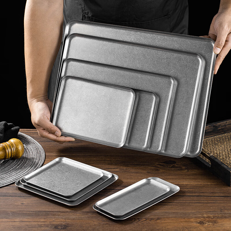 方形盘韩式304不锈钢长方形咖啡厅托盘直边金色烧烤盘 加厚直边盘【20*15本色】