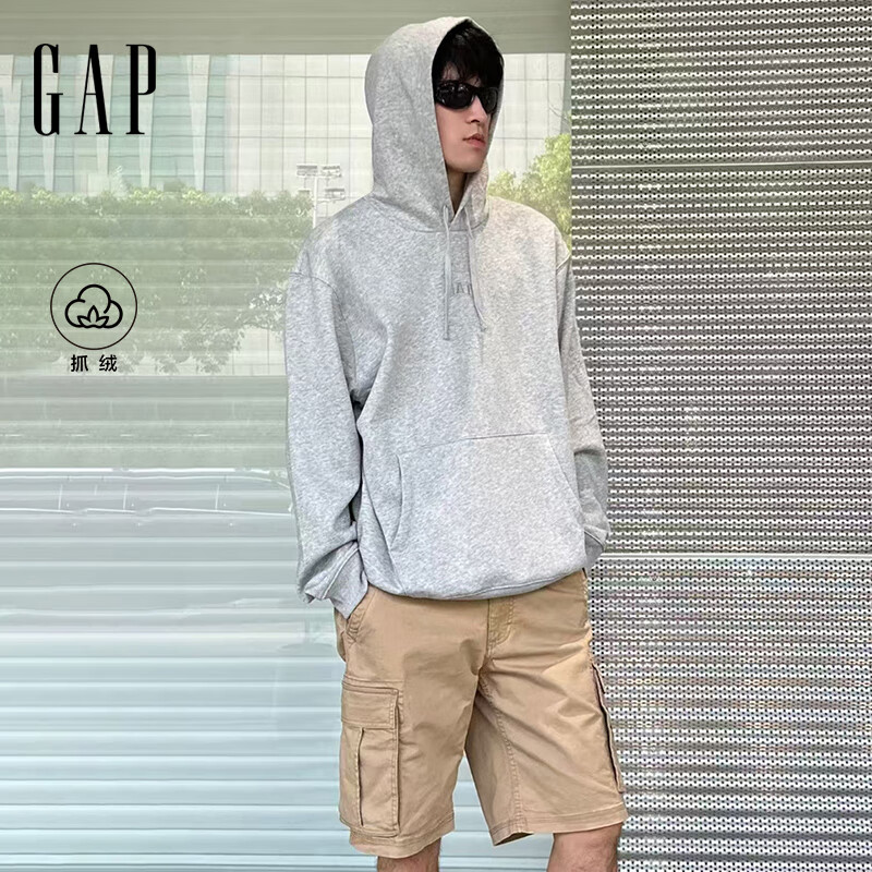 GAP男女装2025秋季新款Logo刺绣抓绒宽松连帽衫卫衣美版795625 浅灰色 M 美码 L亚洲码180/96A