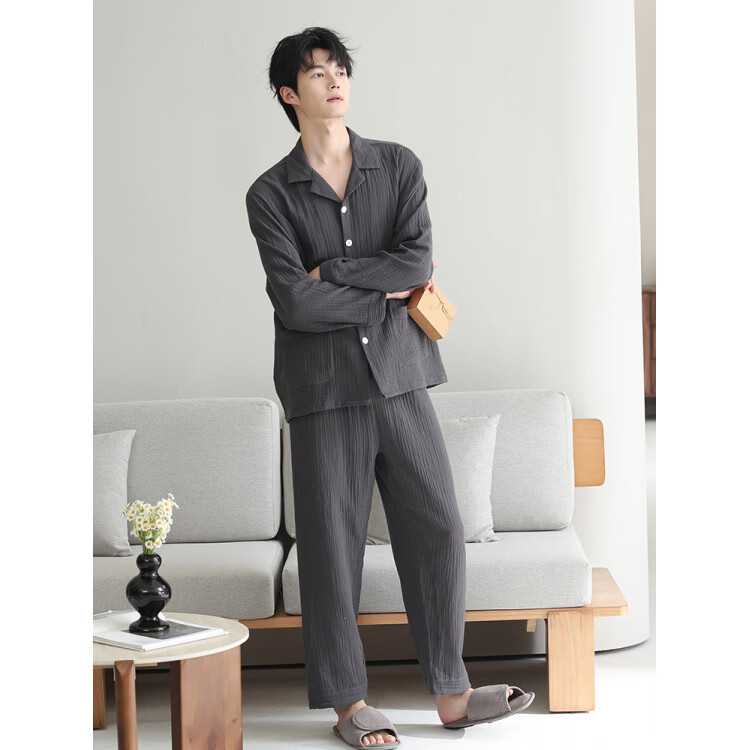猫人（MiiOW）高端纯棉男士睡衣春秋款长袖2026款宽松大码可外穿家居服开衫套装 5130 L