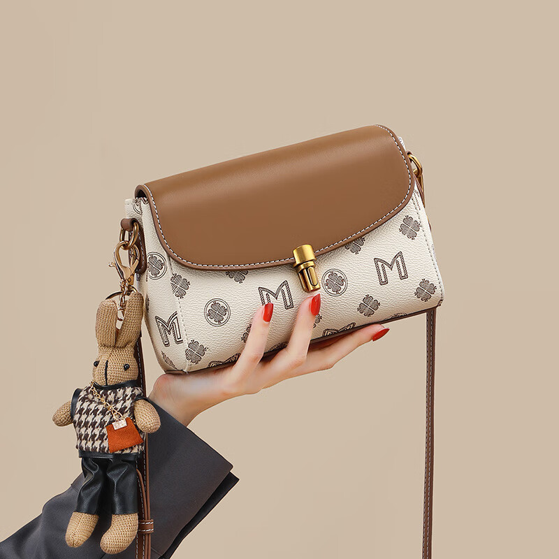 纪诗哲(GIEVSZHE)轻奢包包女包单肩包女士斜挎包七夕圣诞节送女友老婆妈妈节日礼物 米白配棕 精美礼盒