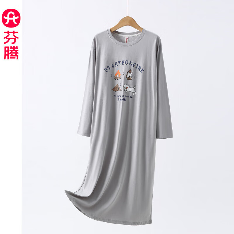芬腾睡裙女士春秋季纯棉长袖睡衣裙简约女款大码全棉家居服连衣裙 FX26931548灰兰 L 建议110-125斤