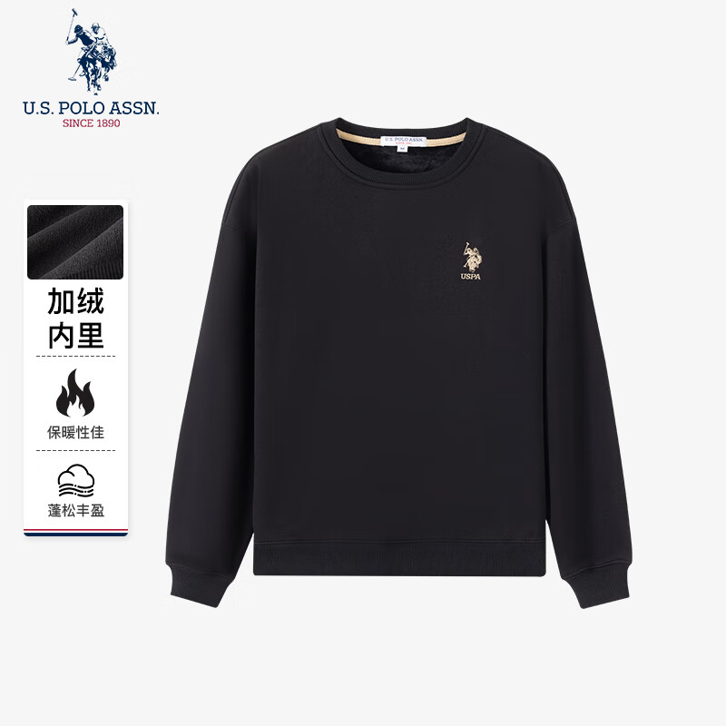 U.S. POLO ASSN.卫衣男加绒秋冬保暖重磅长袖t恤男士宽松休闲上衣男装 黑色 XL