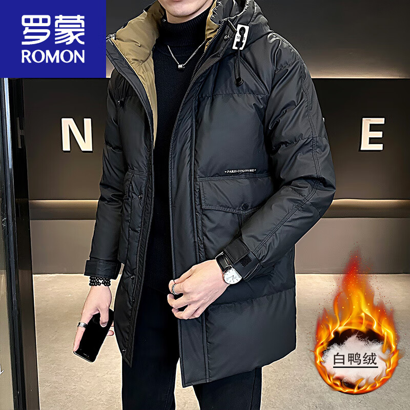 罗蒙（ROMON）羽绒服男冬季外套2025新款潮牌中长款连帽帅气保暖加厚冬装男 黑色 M 建议体重90-120斤