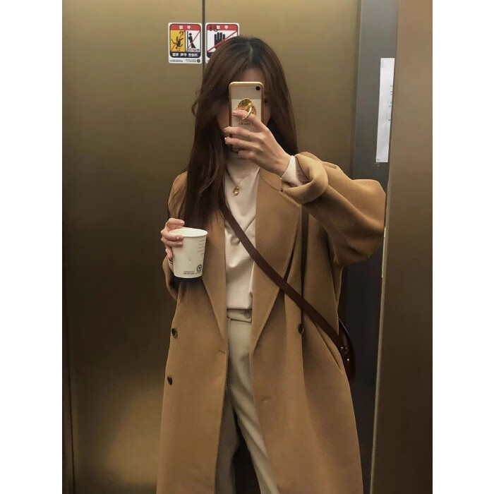 大码胖mm韩系感奶黑色西装大衣女冬季中长款小个子毛呢外套 驼色 2XL
