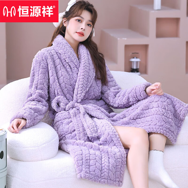 中长款加绒加厚冬季保暖睡袍法兰绒秋冬甜美家居服 麦穗紫色睡袍