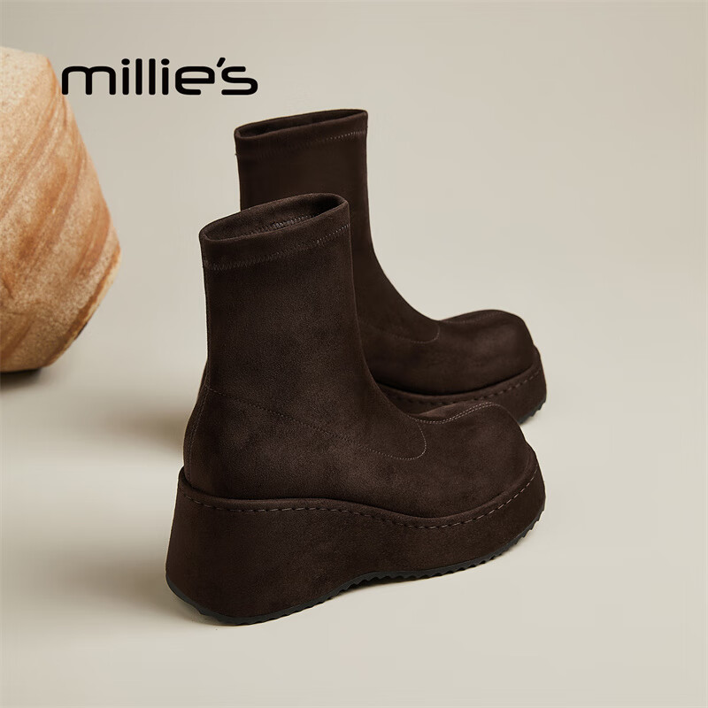 妙丽短靴女厚底轻便圆头休闲潮流短筒弹力2025冬季新款百搭气质时装靴 红咖色 36 (230mm) 标准码