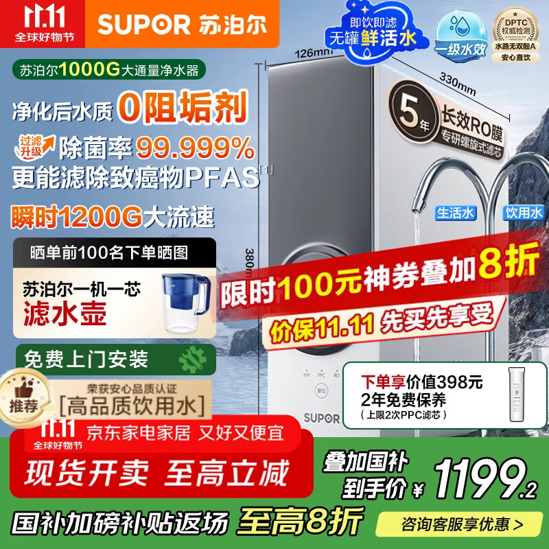 苏泊尔（SUPOR）净水器1000G家用厨房净水机厨下式过滤器5年反渗透RO机净饮机直饮机  净化水后【0阻垢剂】DR1