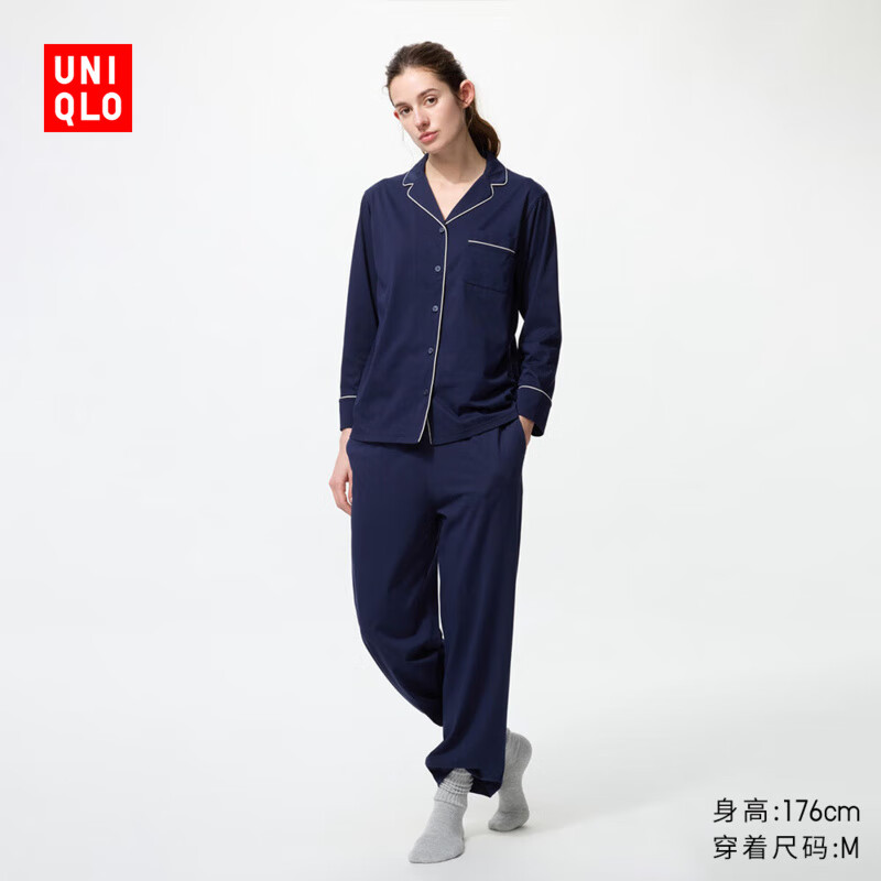 优衣库女装AIRism棉混纺睡衣/长袖家居起居服套装473794 478996 478996/69藏青色 L