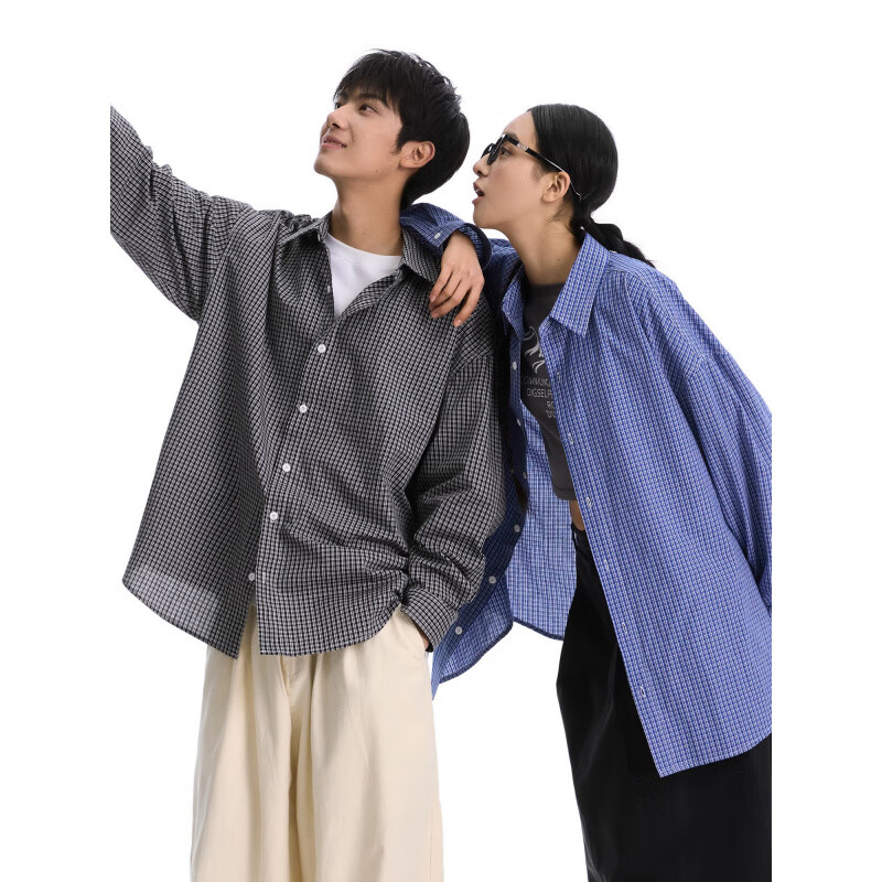 星禾莱美式重磅复古格子长袖衬衫男秋季防晒休闲宽松情侣衬衣外套 黑色 XL 130-145斤