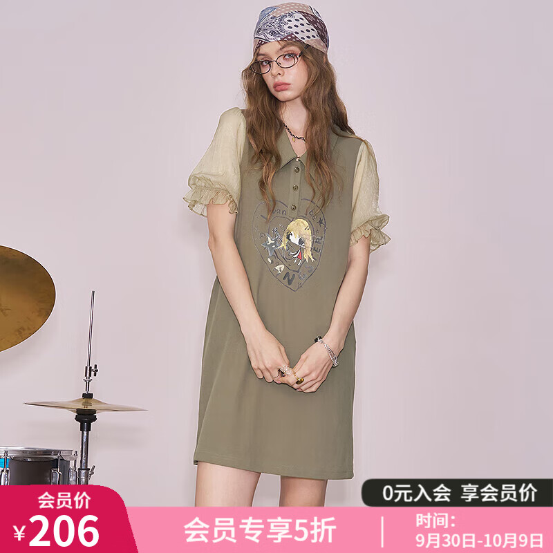 妖精的口袋原创印花polo领连衣裙女2025夏季新款学院风减龄t恤裙 小女孩军绿色 M