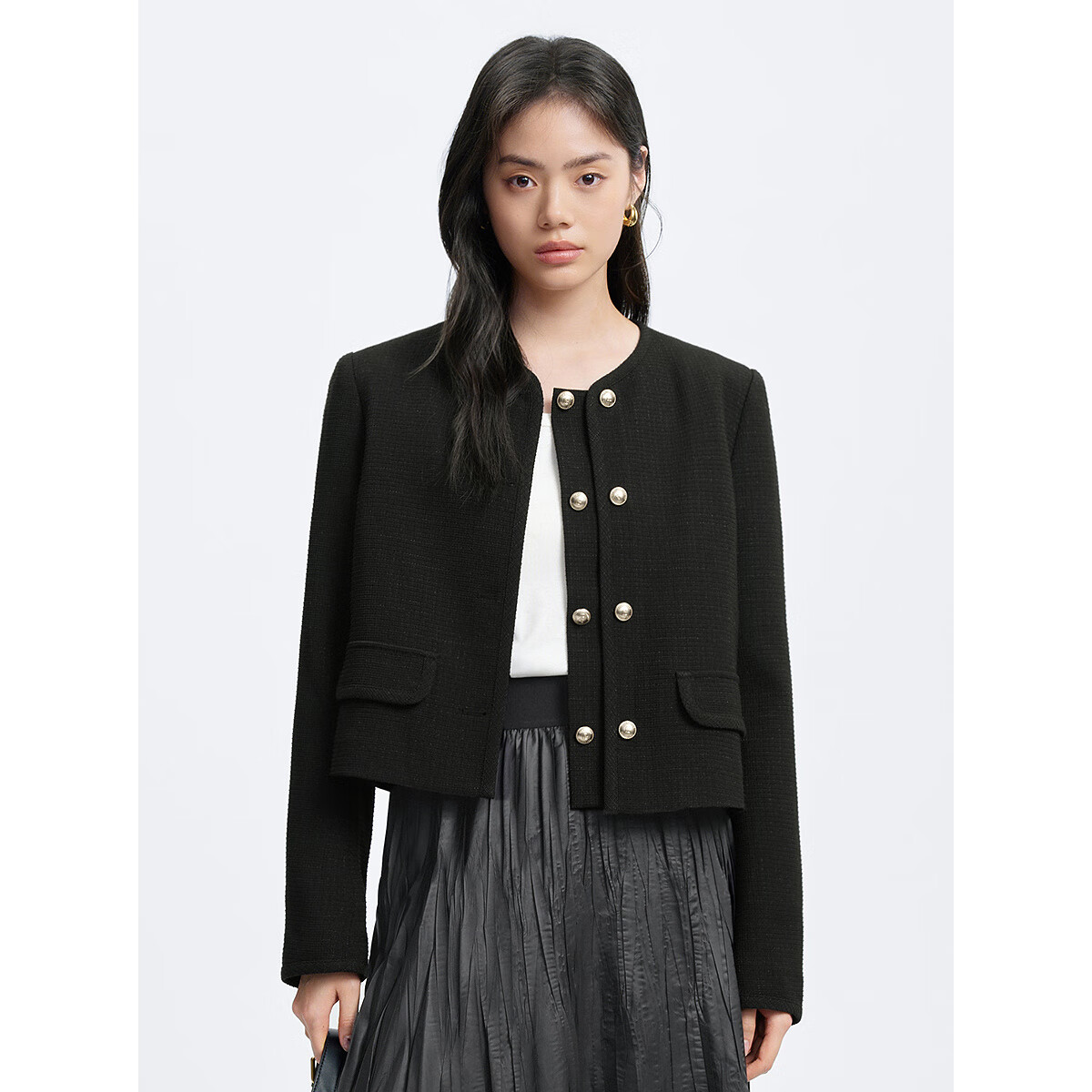 太平鸟秋冬外套集合链接新款女装小香风机车服PU外套冬装夹克 简约双排扣外套黑色 L