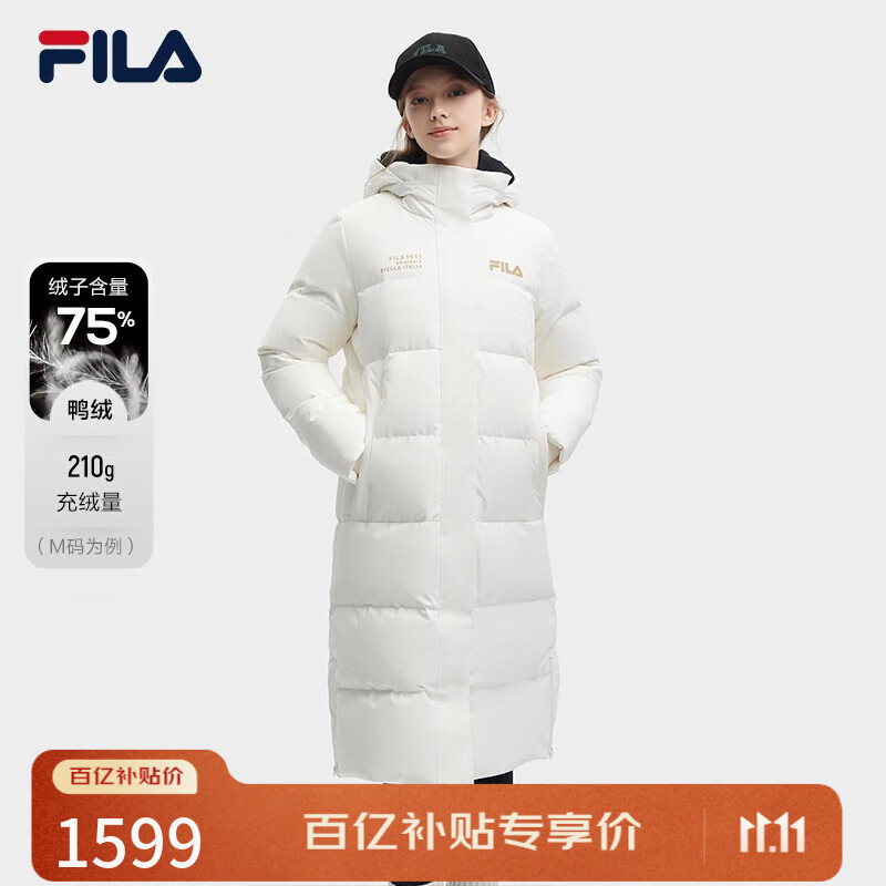 FILA 斐护科技|斐乐女装长款羽绒服冬季休闲简约连帽保暖羽绒外套 云菇白-WT 160/80A/S