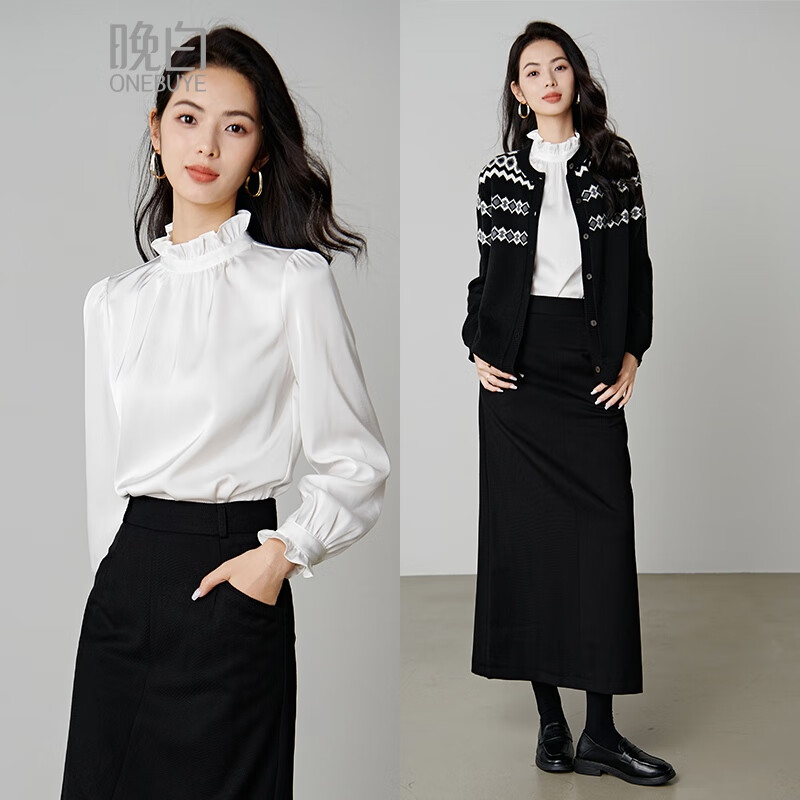 晚白【新品】2026春款气质优雅法式木耳边上衣时尚通勤百搭职业衬衫女 白色 M