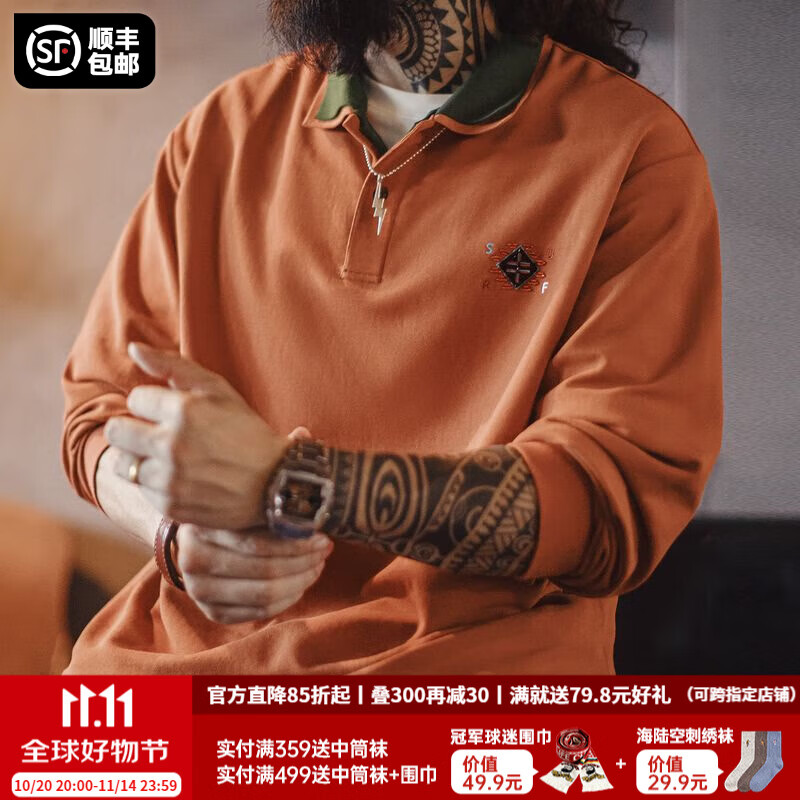 马登工装美式复古纳瓦霍撞色叠领polo衫男秋季假两件宽松男士长袖T恤 加州橙 2XL