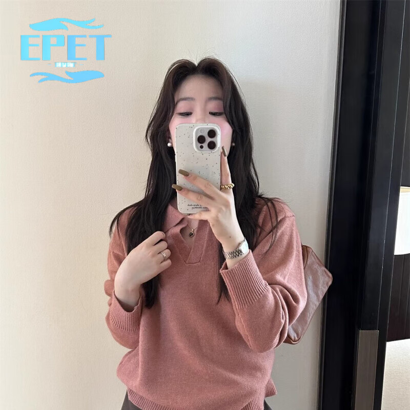 EPET2025秋冬polo领毛衣宽松针织衫打底女设计感气质翻领慵懒内搭上衣 粉色 S 80-95斤