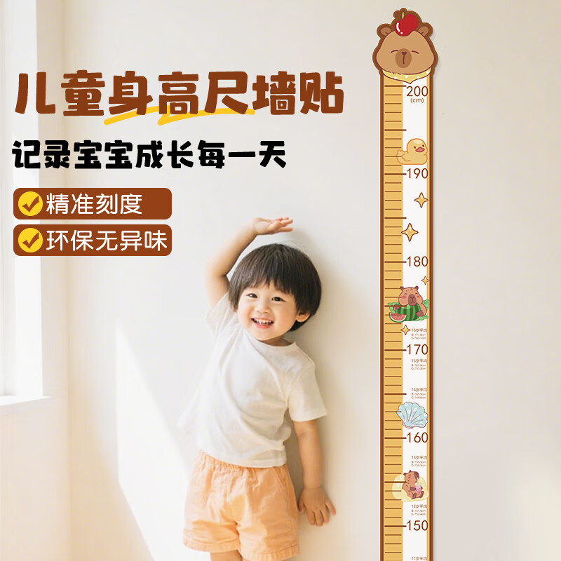 浪漫满屋透明身高测量墙贴可移除不伤墙家用国标精准身高尺墙贴整张墙贴纸 卡皮巴拉【白底款】店长推荐