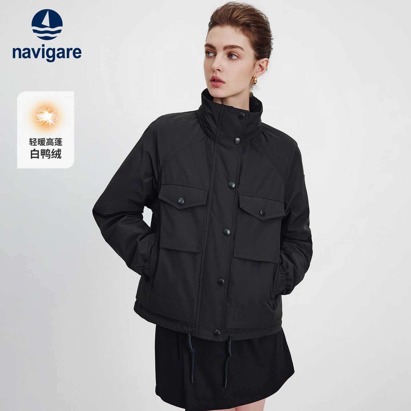 纳维凯尔意大利小帆船25年新款女士短款羽绒服立领利落保暖外套2341605507