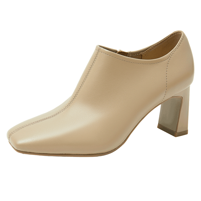 康莉（COMELY）羊皮短靴女款2025年最新款冬季氣質(zhì)百搭高跟鞋簡(jiǎn)約裸靴 粉杏色 37