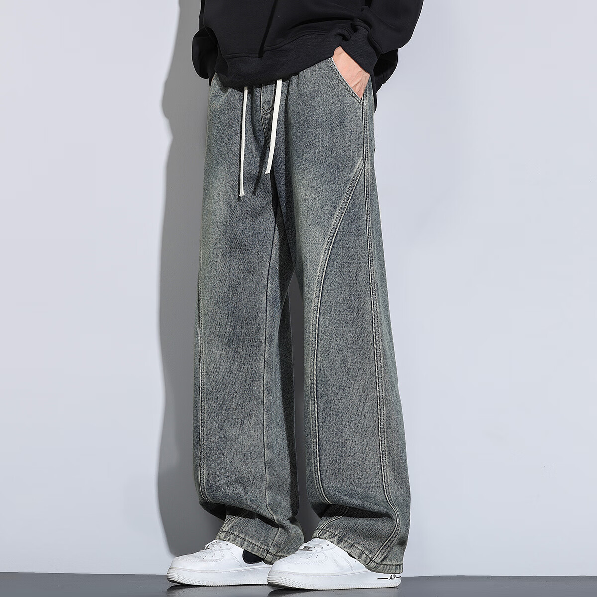 fog sky牛仔裤男春秋冬季加绒美式弯刀直筒宽松工装休闲裤潮流复古