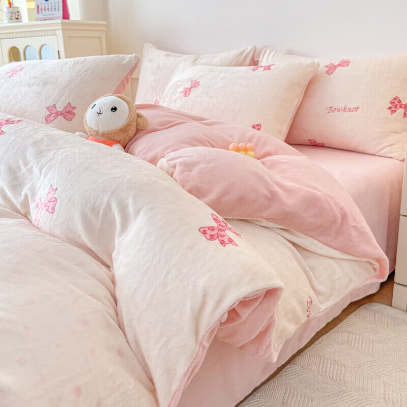软贝小清新牛奶绒床上四件套保暖毛绒床单被套学生宿舍秋冬款三件套 蝴蝶结 床单款 2.0m  被套200*230cm 四件套