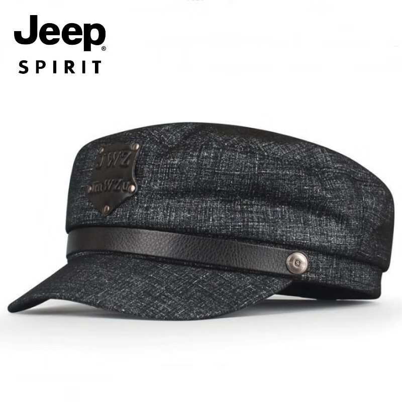 JEEP羊皮真皮帽子潮鸭舌男女平顶朋克秋冬季军帽英伦中老年人机车冬天 黑色羊皮 M 大码XXL(适合59-60c围)