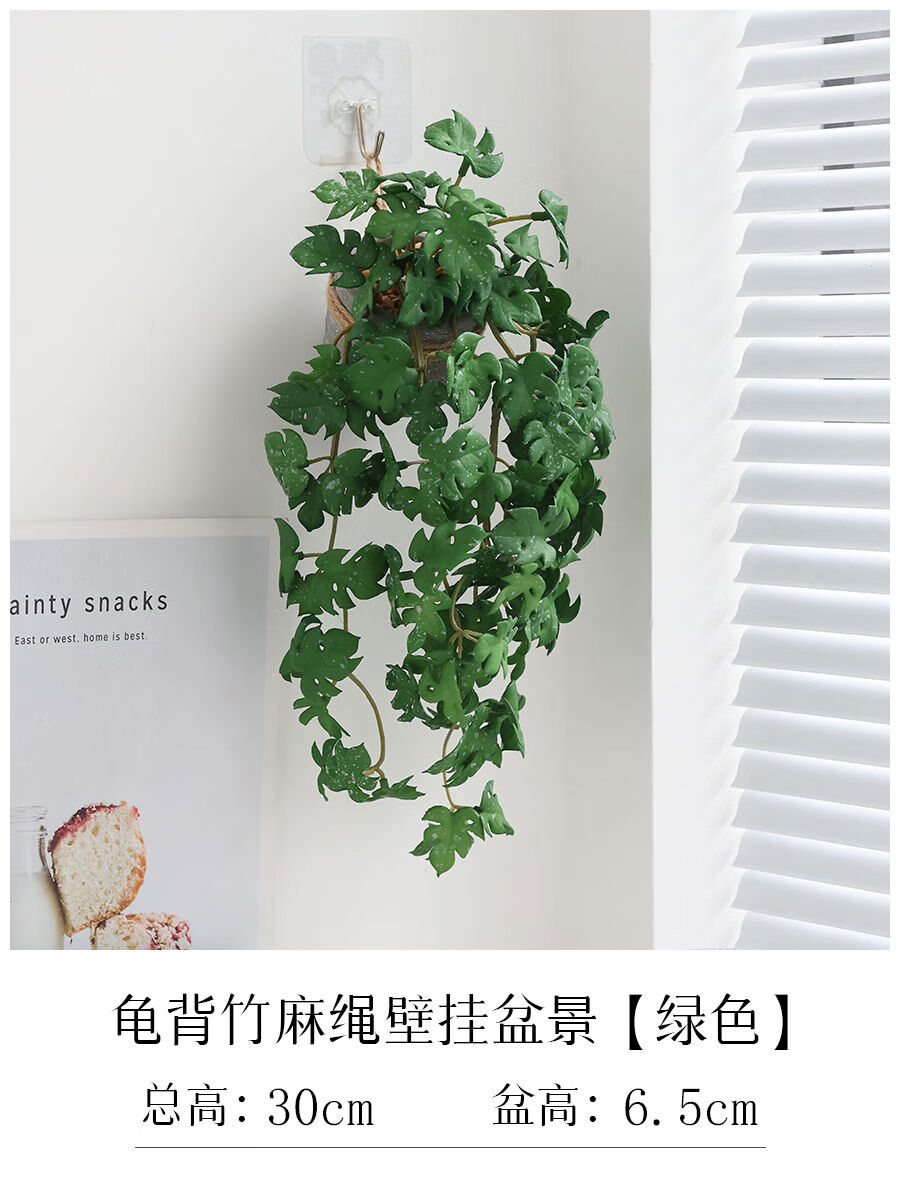 植物假绿植物小客厅餐厅墙面挂装饰绿色背 绿色龟背竹麻绳壁挂盆景