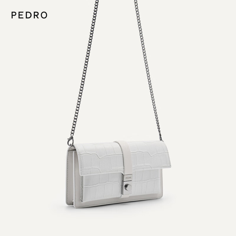 PEDRO牛皮鏈條錢包女包金屬扣飾斜挎小方包 白色