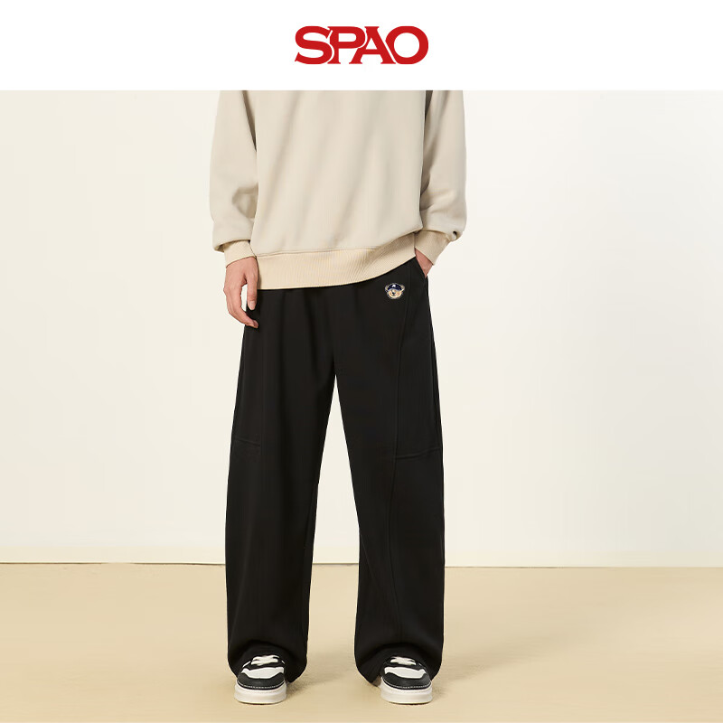 SPAO休闲分割弯刀裤男2025冬季加绒保暖防寒百搭运动裤子SPWK25SK18XY 黑#SP红帽子熊-贴布绣 M