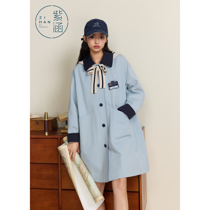 紫涵（ZIHAN）紫涵撞色翻领中长款风衣女秋季新款英伦学院风宽松单排扣外套 元气蓝 M