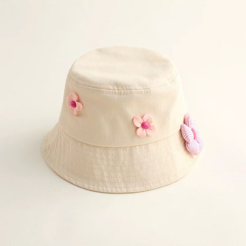 G.duck小黄鸭女童宝宝帽子渔夫帽可爱超萌洋气儿童遮阳帽秋冬款女孩盆帽 3朵花 米白 48-52cm(1.5-6岁)