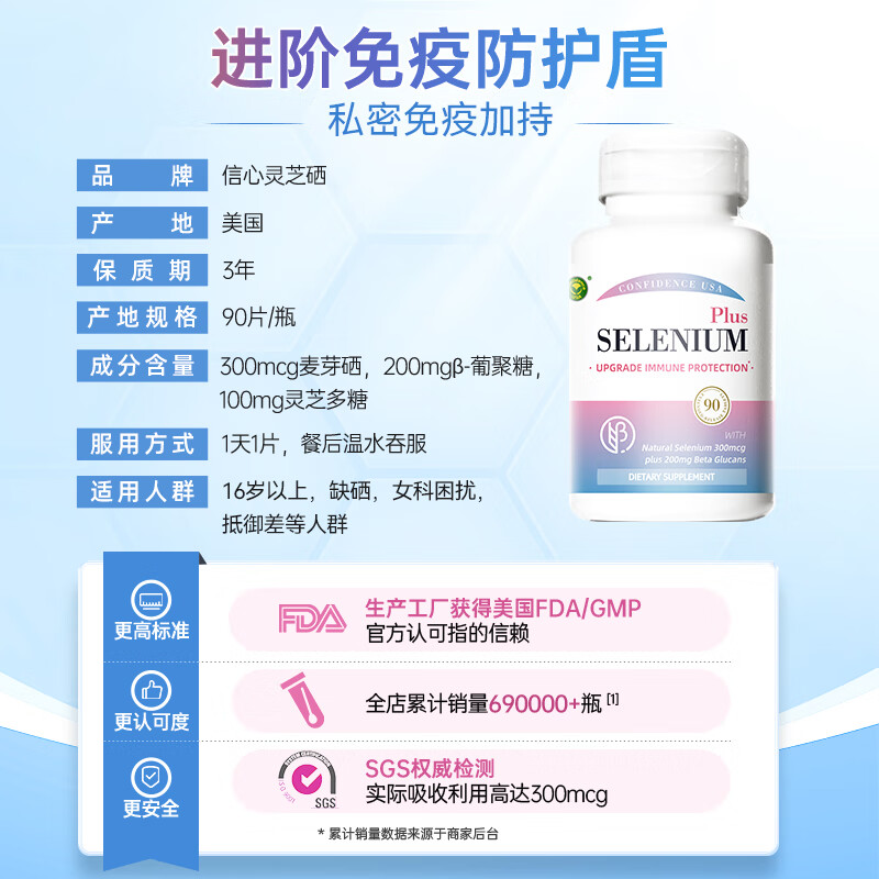 Confidence USA信心康乐葡聚糖灵芝麦芽硒片300mcg hpv转阴补硒增强免疫美国进口 90片*1瓶 【金标版硒】