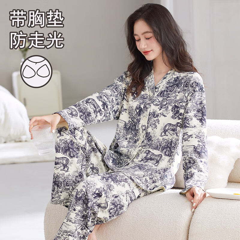 雅鹿睡衣女家居服套装两件套自带胸垫V领开衫秋长袖长裤两件套可外穿 【42117】 M 【70-90斤】