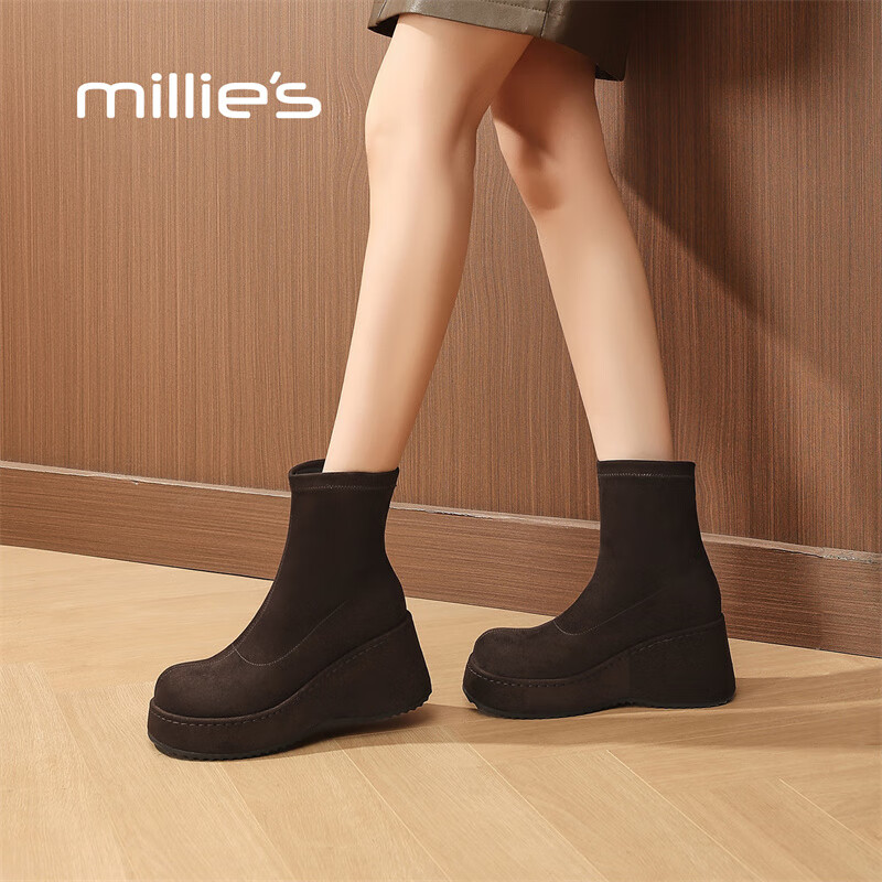 妙丽短靴女厚底轻便圆头休闲潮流短筒弹力2025冬季新款百搭气质时装靴 红咖色 36 (230mm) 标准码