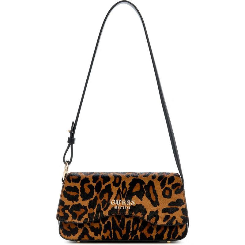 GUESS女士單肩包可調節肩帶防滑底座翻蓋輕便攜帶豹紋牛皮革送女友 Leopard ONE SIZE