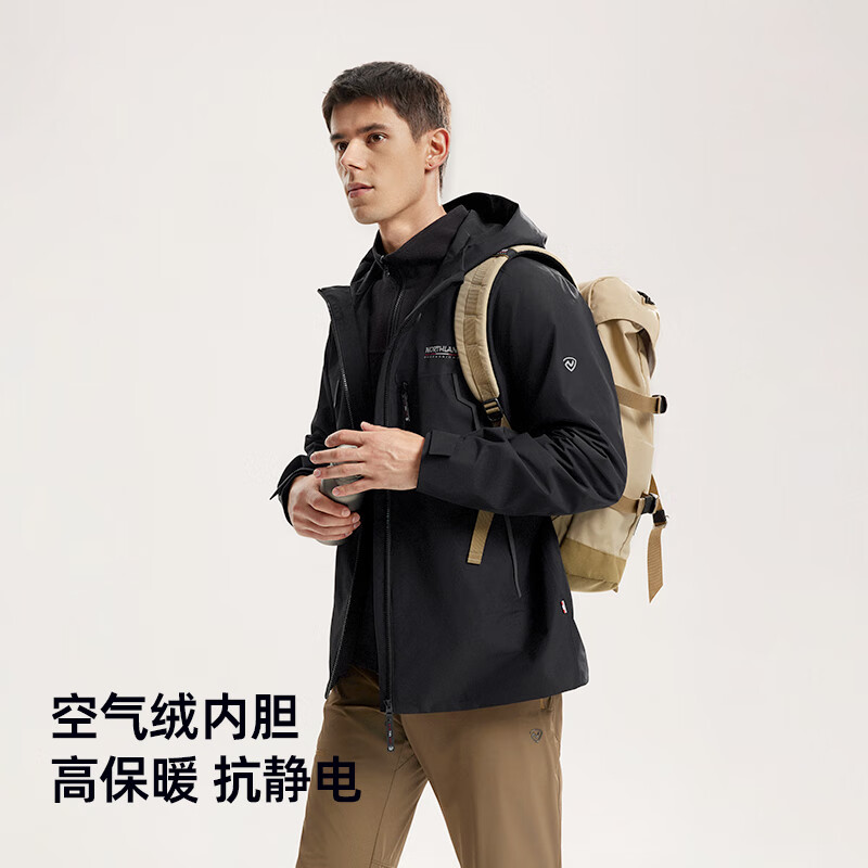 诺诗兰【胡杨林3.0】25秋冬新款户外男女徒步登山防水透湿三合一冲锋衣 纯黑色-10E男 175