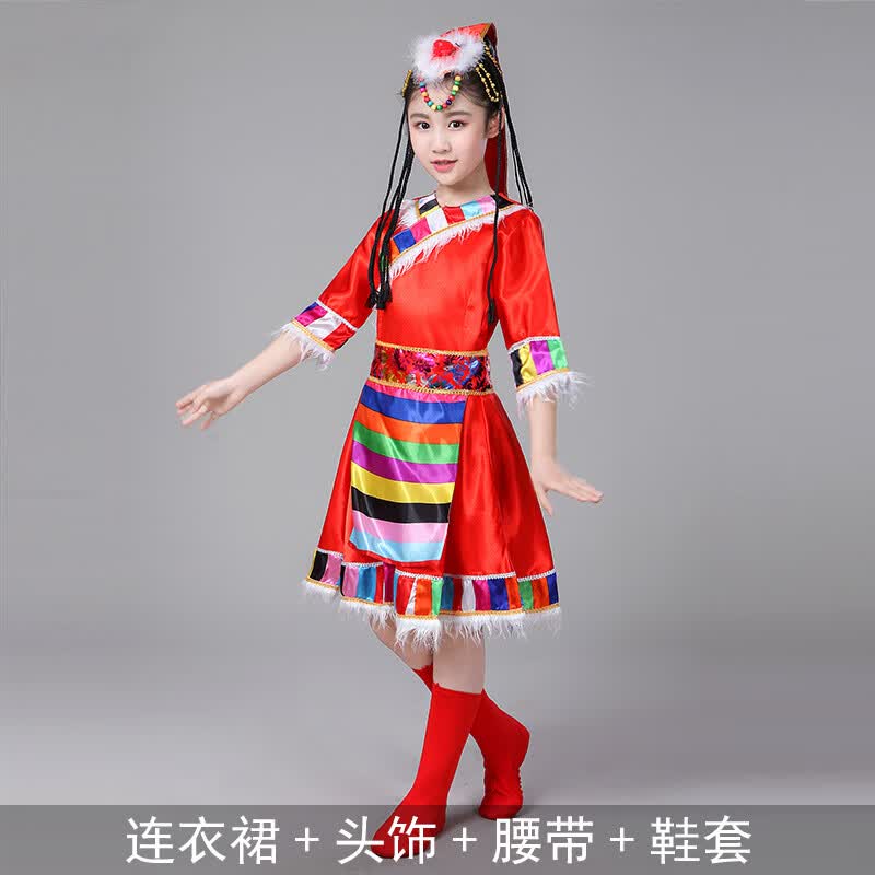 兰伶坊新款六一儿童节藏族舞蹈演出服女童水袖男女儿童少数民族表演服饰 1号红色_(送头饰_鞋套) 110 cm